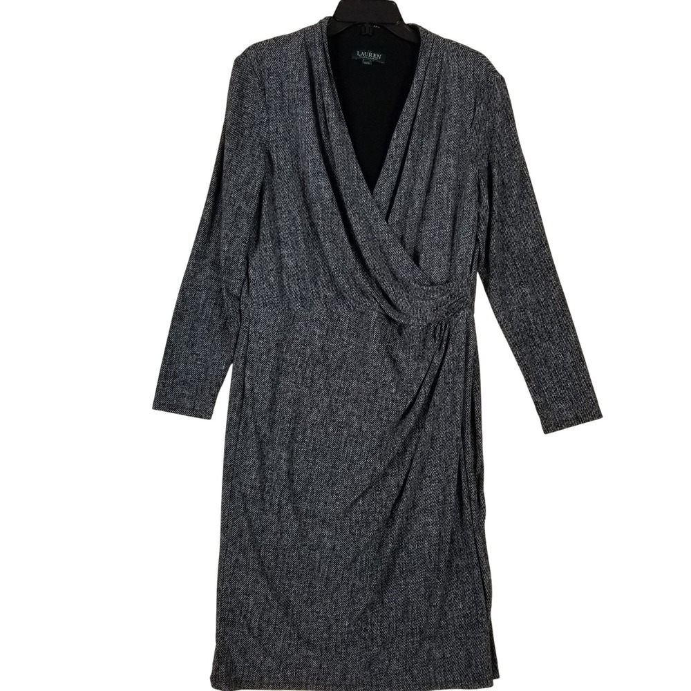 Lauren Ralph Lauren Black White Herringbone Print Faux Wrap Dress Sz 16 Long Slv